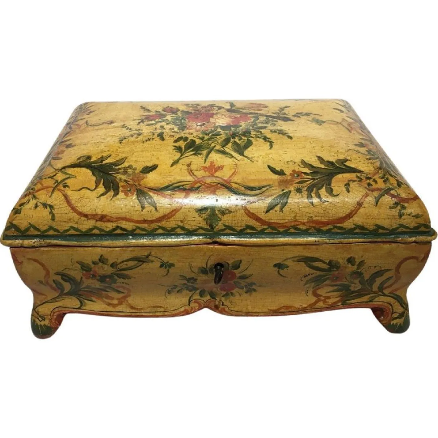 Lackierte Venezianische Holzkiste mit Blumen und Vögeln, 1750