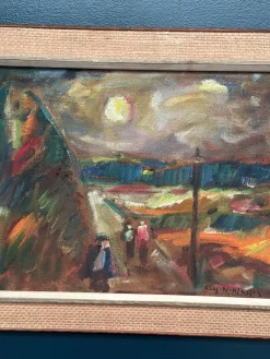 Lars Niklasson, Landschaft mit Figuren, 1960er, Ölgemälde auf Holz, gerahmt