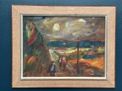 Lars Niklasson, Landschaft mit Figuren, 1960er, Ölgemälde auf Holz, gerahmt