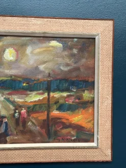 Lars Niklasson, Landschaft mit Figuren, 1960er, Ölgemälde auf Holz, gerahmt