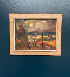 Lars Niklasson, Landschaft mit Figuren, 1960er, Ölgemälde auf Holz, gerahmt