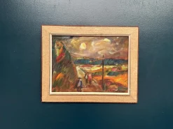 Lars Niklasson, Landschaft mit Figuren, 1960er, Ölgemälde auf Holz, gerahmt