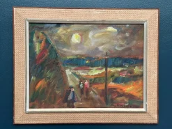 Lars Niklasson, Landschaft mit Figuren, 1960er, Ölgemälde auf Holz, gerahmt