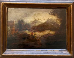 Ländliche Landschaft mit Figuren, Öl auf Leinwand, 18. Jh