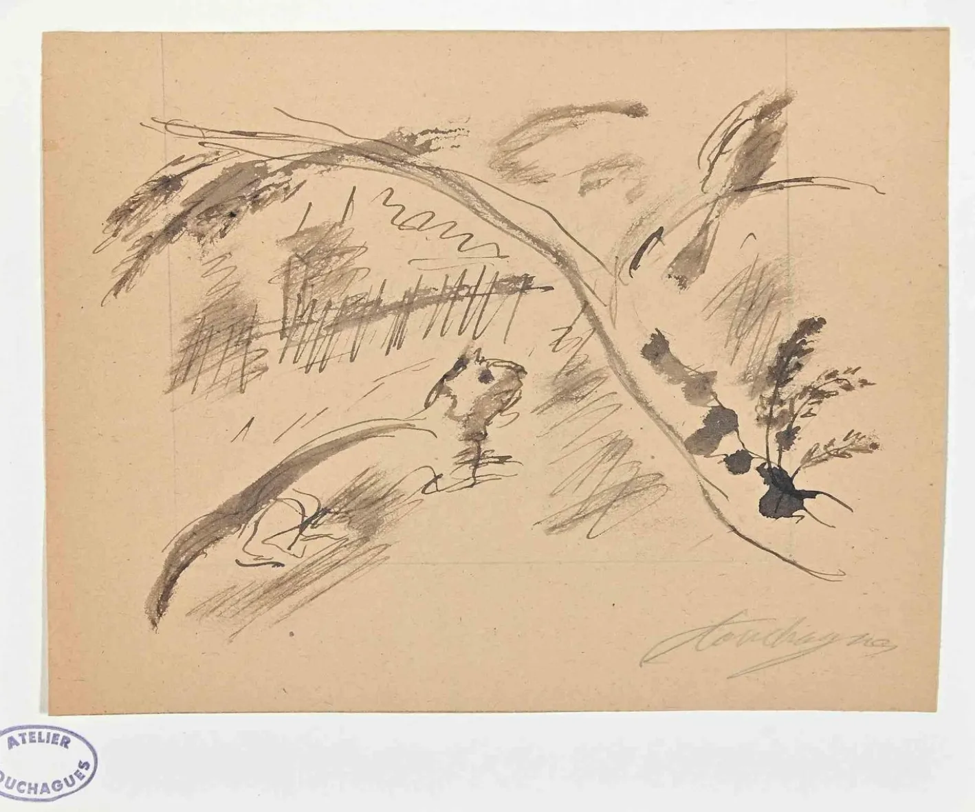 Louis Touchagues, The Tree and Cat, Original Tuschezeichnung, Mitte des 20. Jh