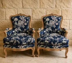 Louis XV Bergère Armlehnstühle mit Japonisme Tapisserie, 2er Set