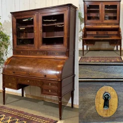 Louis XVI Schreibtisch aus Mahagoni und Nussholz mit Rolltüren und Kleeblatt Schlössern