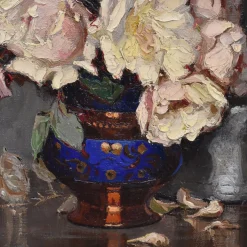 Maurice Alfred Decamps, Art Deco Stilleben mit Vase mit weißen Rosen, 1920er-1940er, Öl auf Leinwand