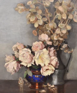 Maurice Alfred Decamps, Art Deco Stilleben mit Vase mit weißen Rosen, 1920er-1940er, Öl auf Leinwand