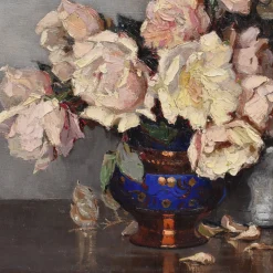 Maurice Alfred Decamps, Art Deco Stilleben mit Vase mit weißen Rosen, 1920er-1940er, Öl auf Leinwand