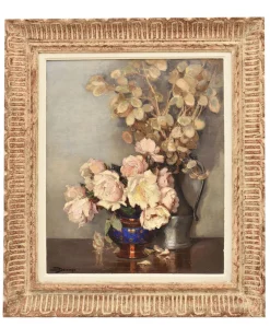 Maurice Alfred Decamps, Art Deco Stilleben mit Vase mit weißen Rosen, 1920er-1940er, Öl auf Leinwand