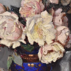Maurice Alfred Decamps, Art Deco Stilleben mit Vase mit weißen Rosen, 1920er-1940er, Öl auf Leinwand