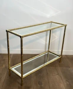 Messing Konsolentisch mit Bambusimitat im Stil von Jacques Adnet, 1970