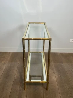 Messing Konsolentisch mit Bambusimitat im Stil von Jacques Adnet, 1970