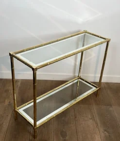 Messing Konsolentisch mit Bambusimitat im Stil von Jacques Adnet, 1970