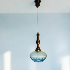 Mid-Century Modern Agua Blue Art Glas Hängelampe aus Teak, 1960er