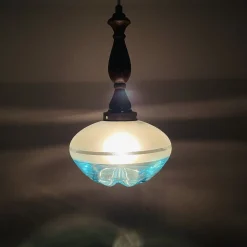 Mid-Century Modern Agua Blue Art Glas Hängelampe aus Teak, 1960er
