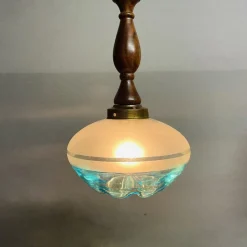 Mid-Century Modern Agua Blue Art Glas Hängelampe aus Teak, 1960er