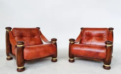 Mid-Century Modern Leder & Holz Sofa, Sessel & Tisch, Italien, 1970er, 4er Set