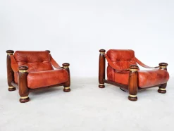 Mid-Century Modern Leder & Holz Sofa, Sessel & Tisch, Italien, 1970er, 4er Set