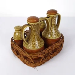 Mid-Century Modern Menage Set aus Keramik & Olivenholz, 6 . Set