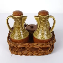 Mid-Century Modern Menage Set aus Keramik & Olivenholz, 6 . Set