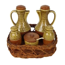 Mid-Century Modern Menage Set aus Keramik & Olivenholz, 6 . Set