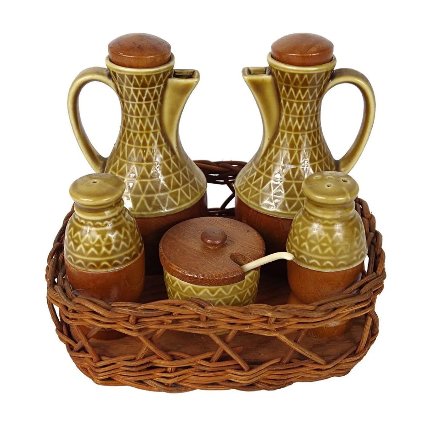 Mid-Century Modern Menage Set aus Keramik & Olivenholz, 6 . Set