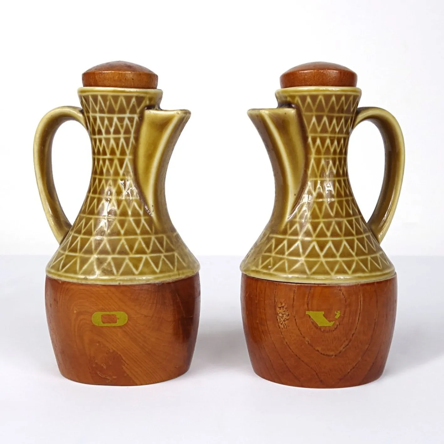 Mid-Century Modern Menage Set aus Keramik & Olivenholz, 6 . Set