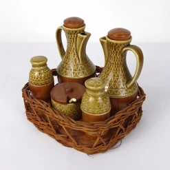 Mid-Century Modern Menage Set aus Keramik & Olivenholz, 6 . Set