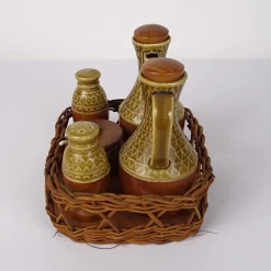 Mid-Century Modern Menage Set aus Keramik & Olivenholz, 6 . Set