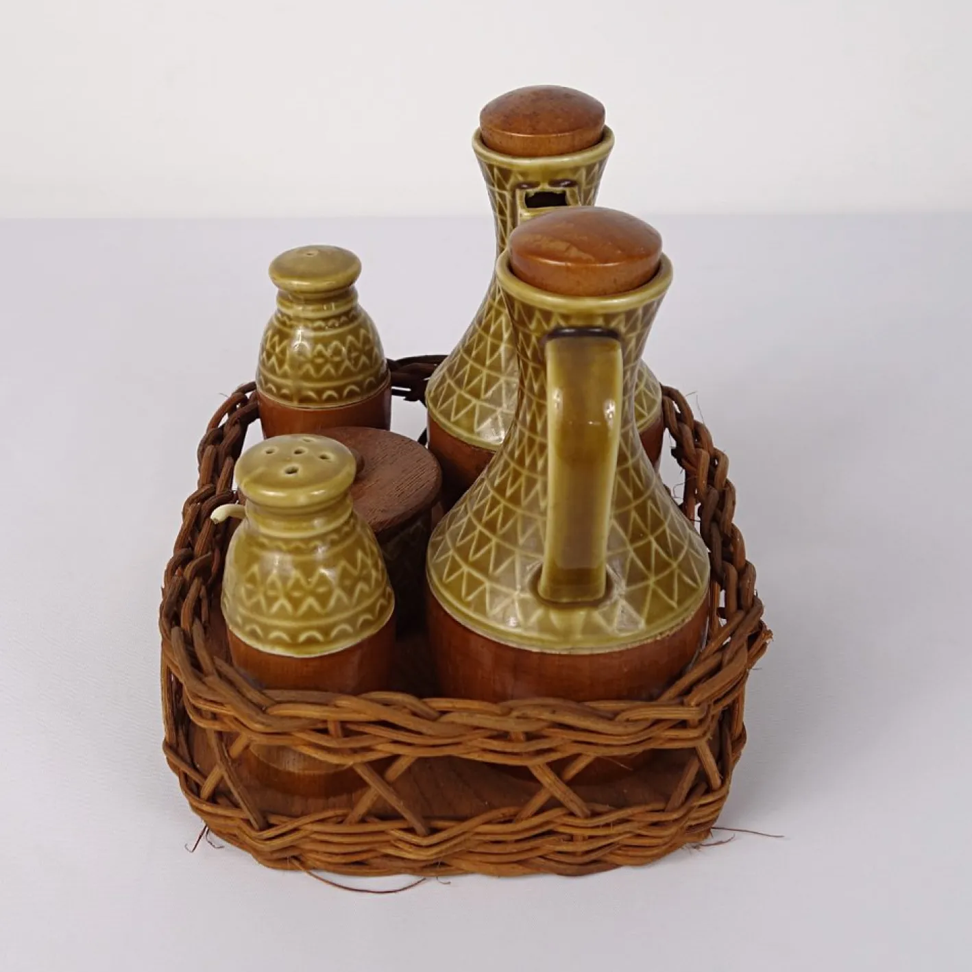 Mid-Century Modern Menage Set aus Keramik & Olivenholz, 6 . Set