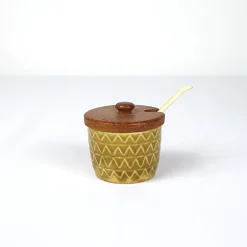 Mid-Century Modern Menage Set aus Keramik & Olivenholz, 6 . Set