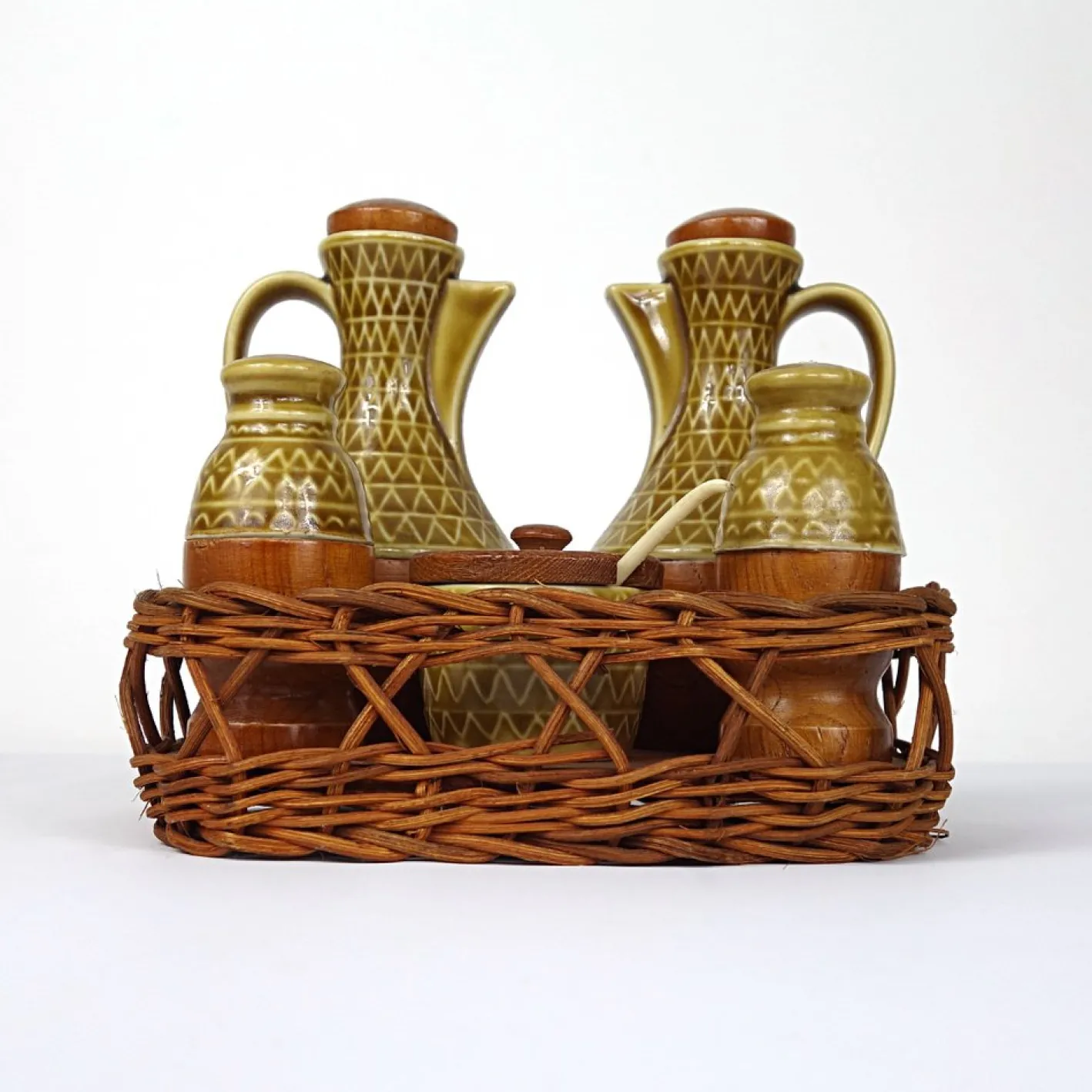 Mid-Century Modern Menage Set aus Keramik & Olivenholz, 6 . Set