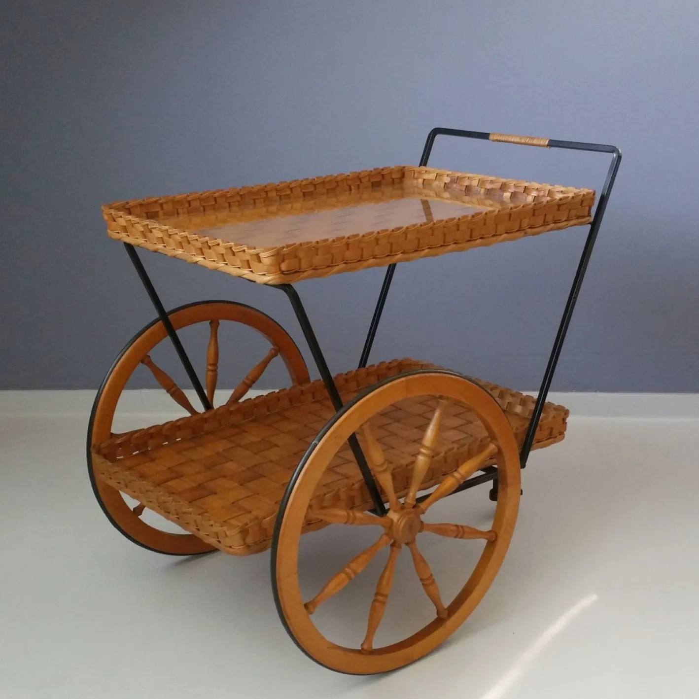 Mid-Century Servierwagen aus Metall, Holz & Kautschuk, 1950er