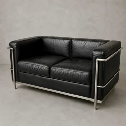 Mid-Century 2-Sitzer Sofa aus schwarzem Leder & Chrom von Le Corbusier