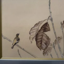 Mimoto, Singvogel, 1970er, Seidenmalerei, gerahmt
