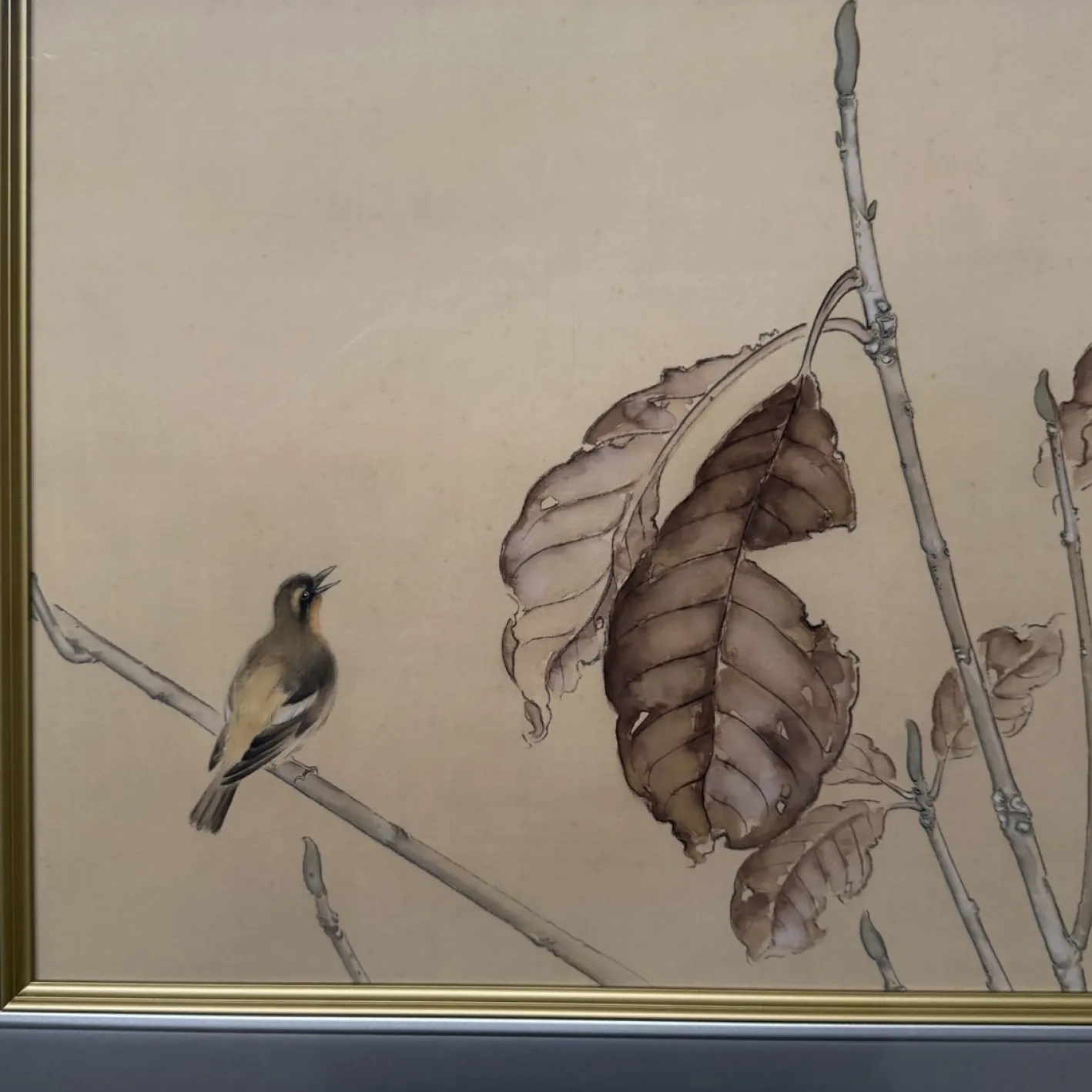 Mimoto, Singvogel, 1970er, Seidenmalerei, gerahmt