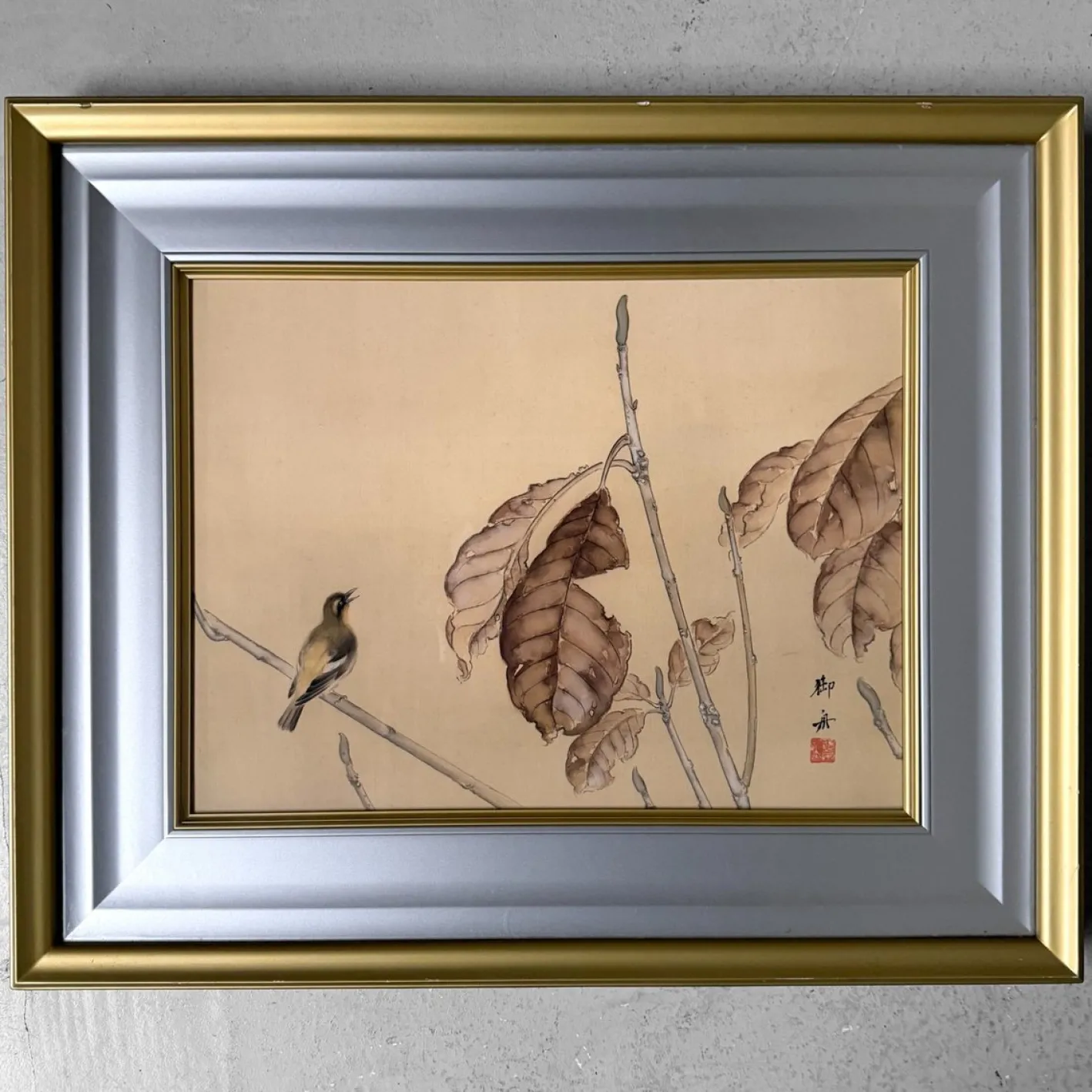 Mimoto, Singvogel, 1970er, Seidenmalerei, gerahmt