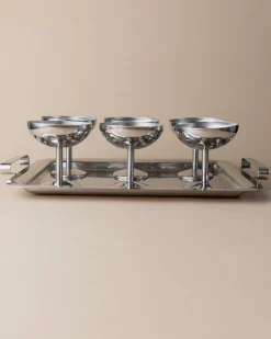 Minimalistische Vintage Edelstahl Trinkbecher mit Tablett, Italien, 1970er, 7 . Set