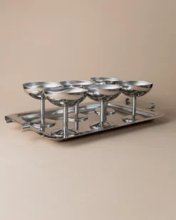 Minimalistische Vintage Edelstahl Trinkbecher mit Tablett, Italien, 1970er, 7 . Set