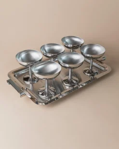 Minimalistische Vintage Edelstahl Trinkbecher mit Tablett, Italien, 1970er, 7 . Set