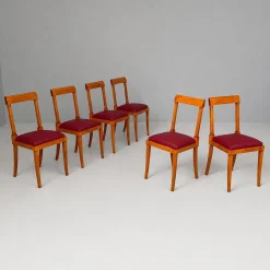 Moderne italienische Mid-Century Holzstühle mit burgunderrotem Himmel, 1940er, 6er Set