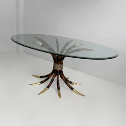 Moderner ovaler italienischer Tisch aus Bambus, Messing & Glas, 1980er