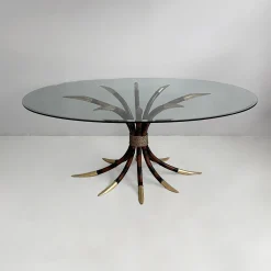 Moderner ovaler italienischer Tisch aus Bambus, Messing & Glas, 1980er