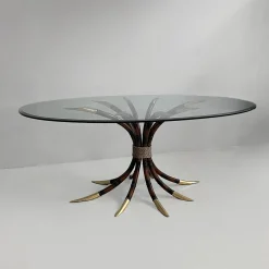 Moderner ovaler italienischer Tisch aus Bambus, Messing & Glas, 1980er