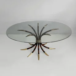 Moderner ovaler italienischer Tisch aus Bambus, Messing & Glas, 1980er