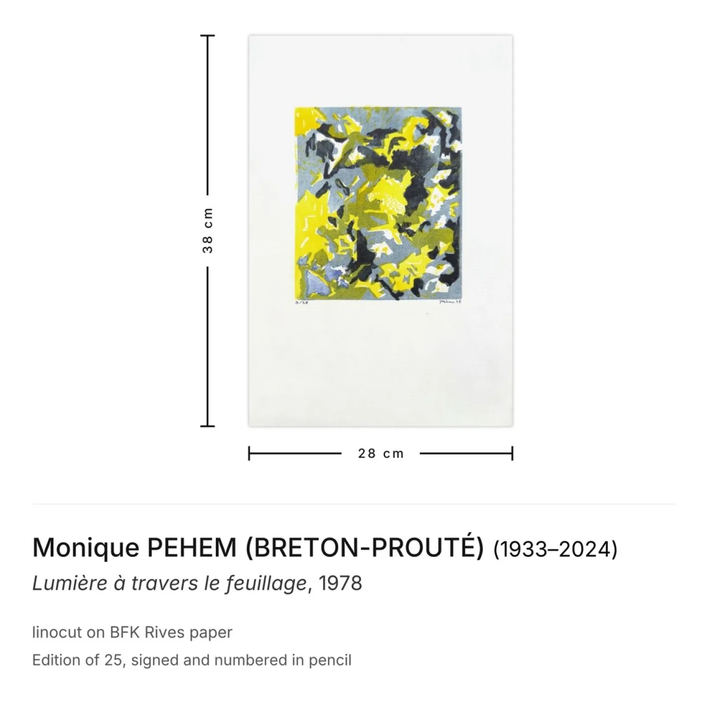 Monique Pehem (Breton-Prouté), Licht durch das Blattwerk, 1978, Linolschnitt