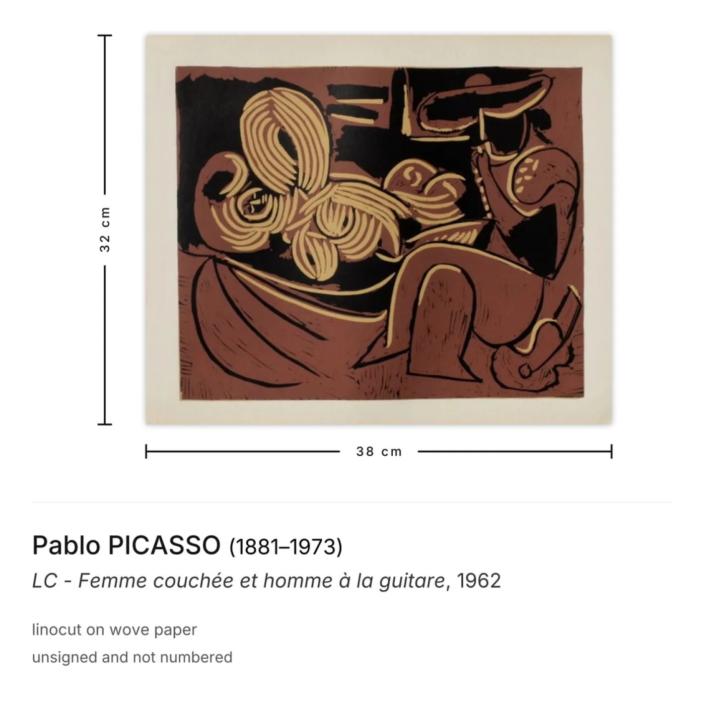 Nach Pablo Picasso, LC - Femme Couchée et Homme à la Guitare, 1962, Linolschnitt