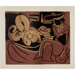 Nach Pablo Picasso, LC - Femme Couchée et Homme à la Guitare, 1962, Linolschnitt